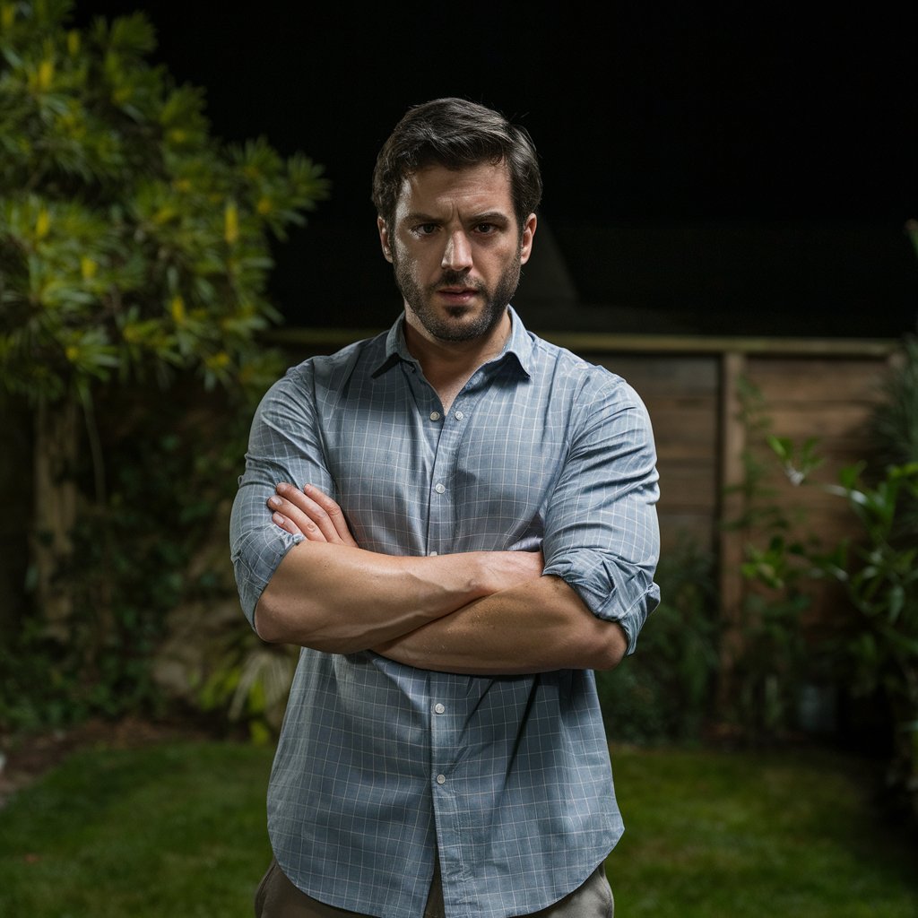 Un homme debout dans un jardin la nuit, l'air défiant | Source : Midjourney