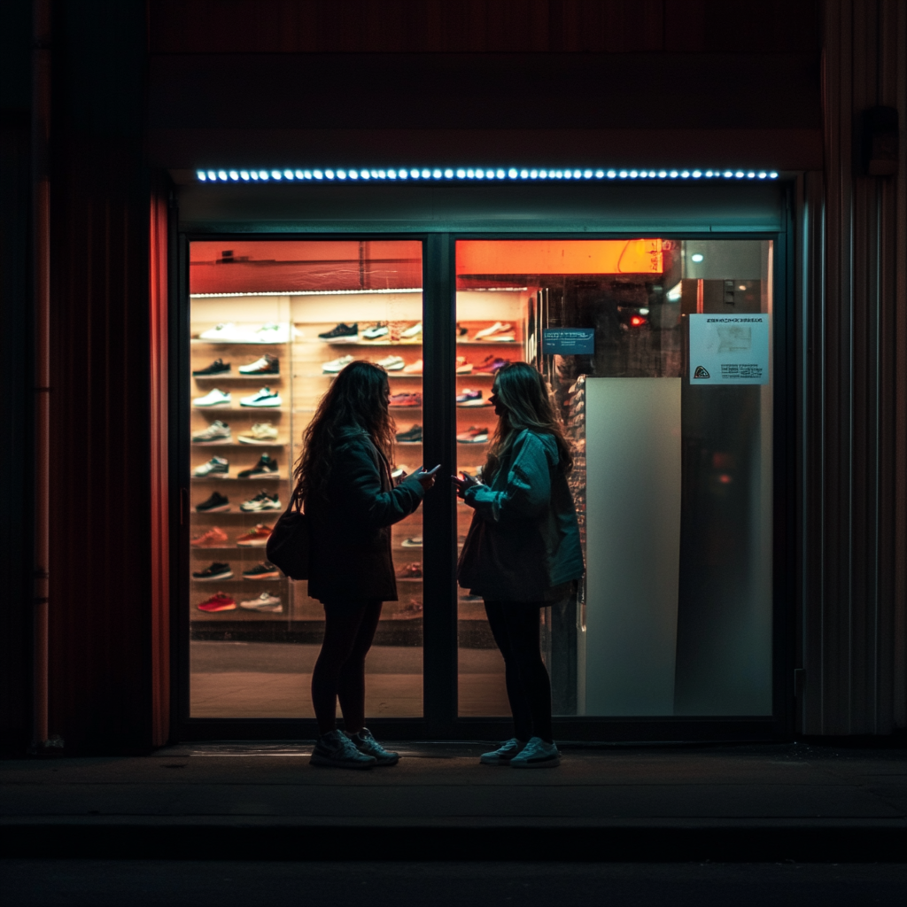 Des femmes discutent à l'extérieur d'un magasin de chaussures | Source : Midjourney