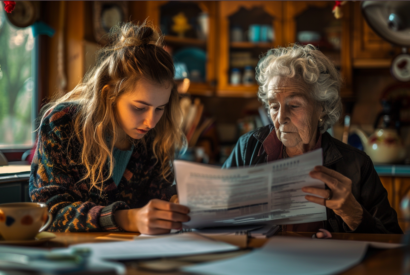 Une femme âgée qui fait de la paperasse avec sa petite-fille | Source : Midjourney