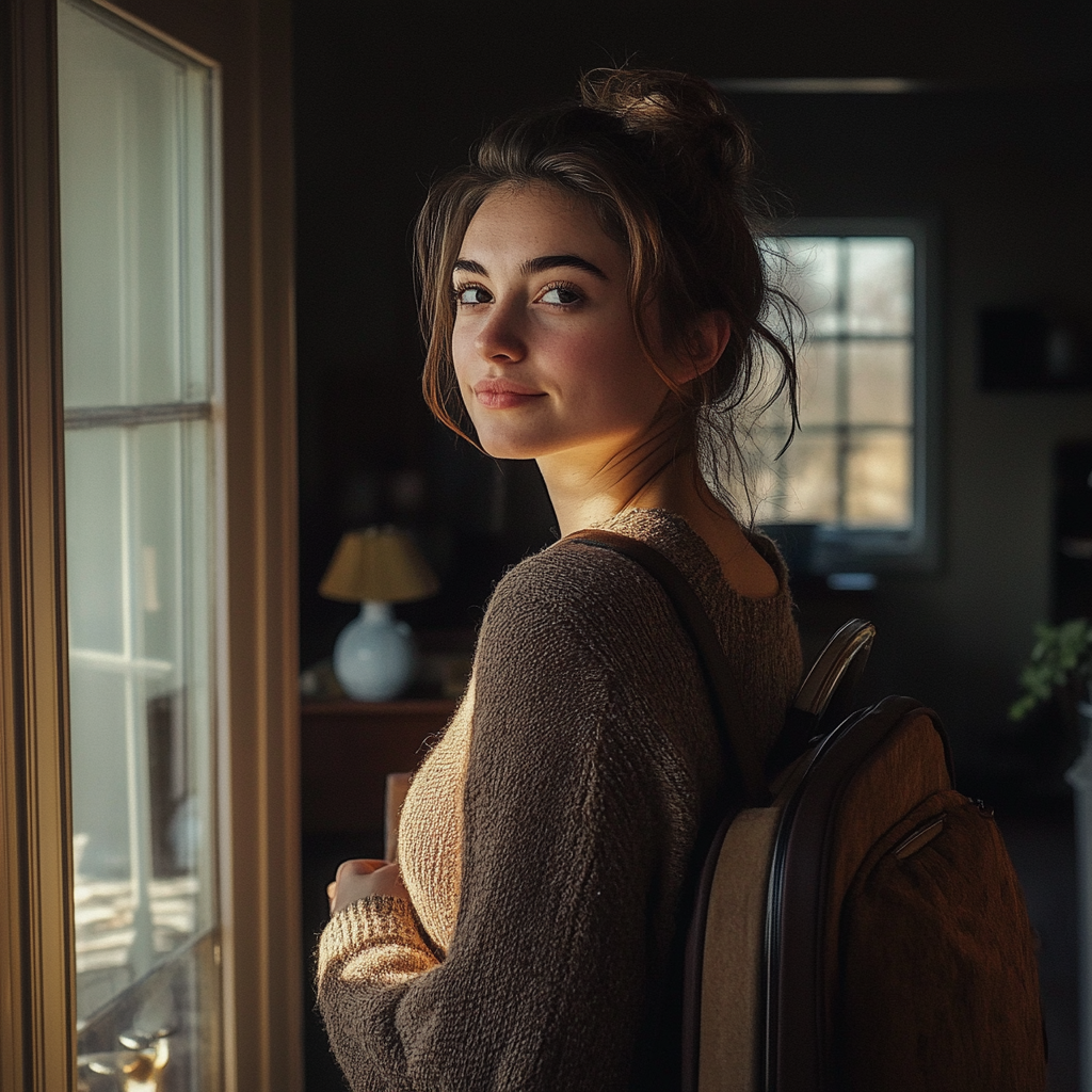 Femme portant son sac à dos debout devant la porte | Source : Midjourney