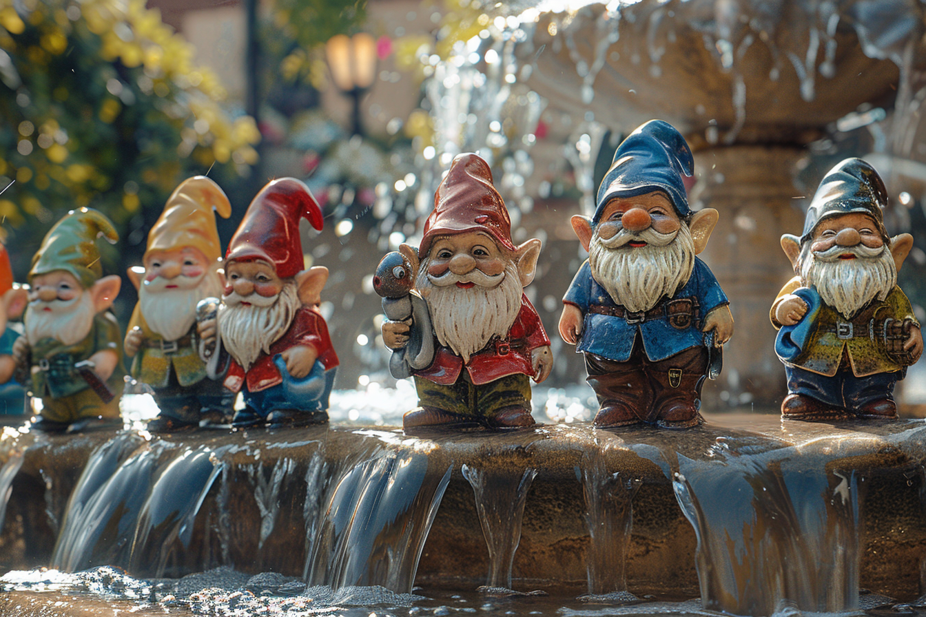 Figurines de gnomes sur une fontaine | Source : Midjourney