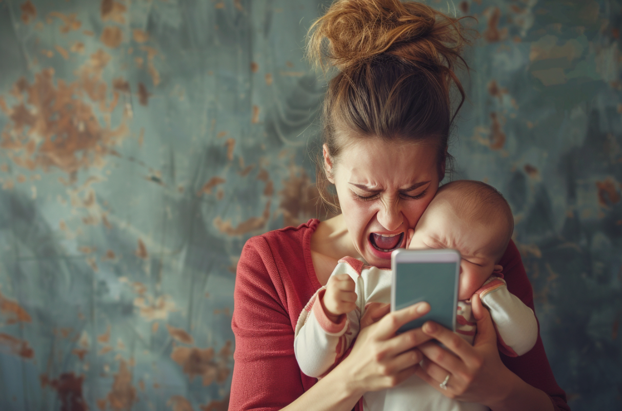 Une mère tenant un bébé qui pleure tout en utilisant son téléphone | Source : Mi-parcours