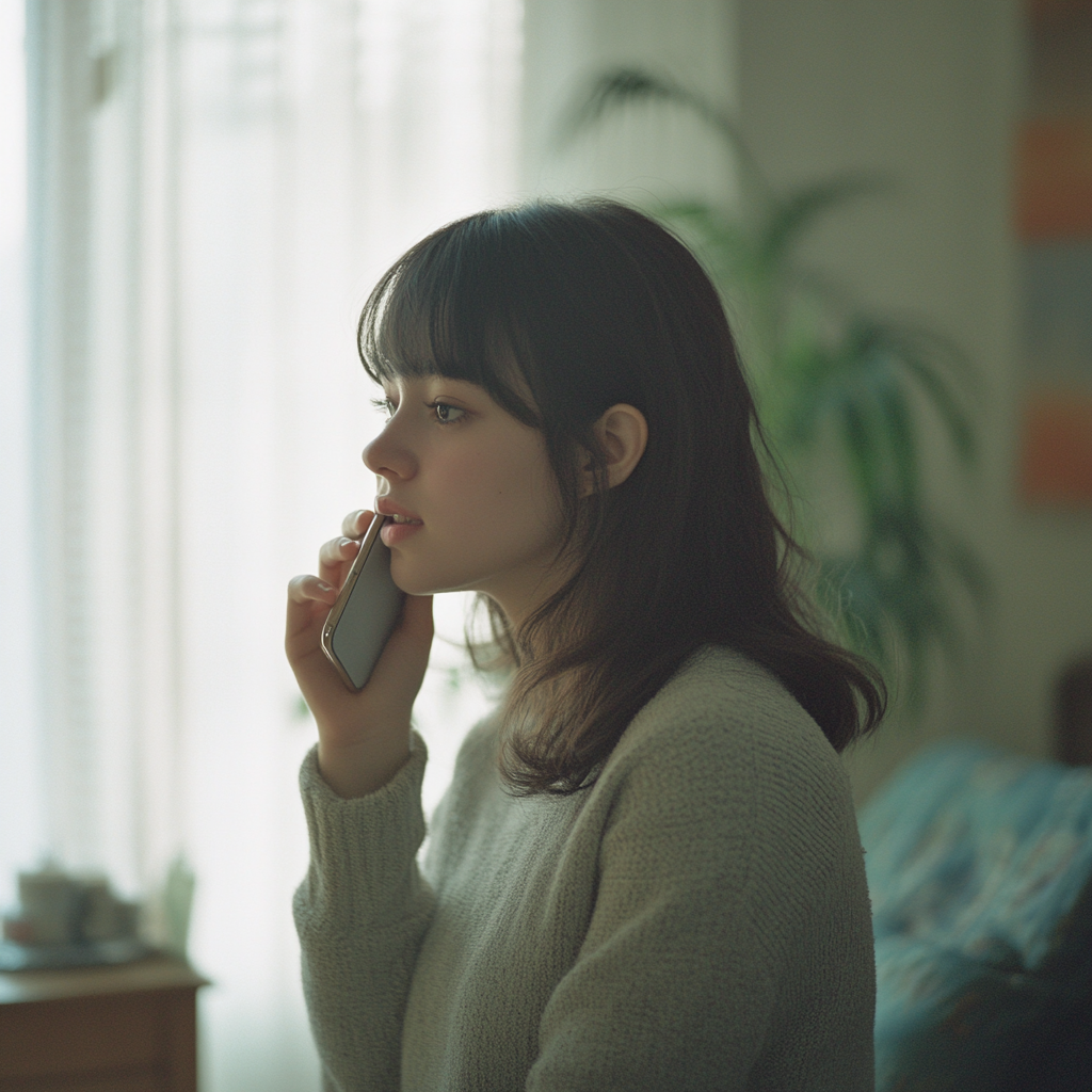 Une femme sérieuse qui parle au téléphone | Source : Midjourney