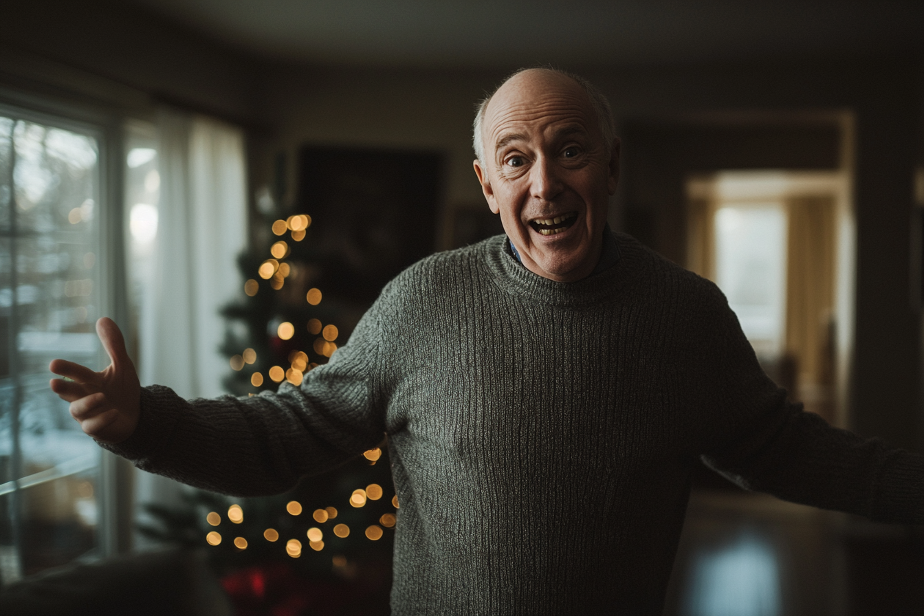 Homme d'une soixantaine d'années haussant les épaules dans un salon avec un sapin de Noël | Source : Midjourney