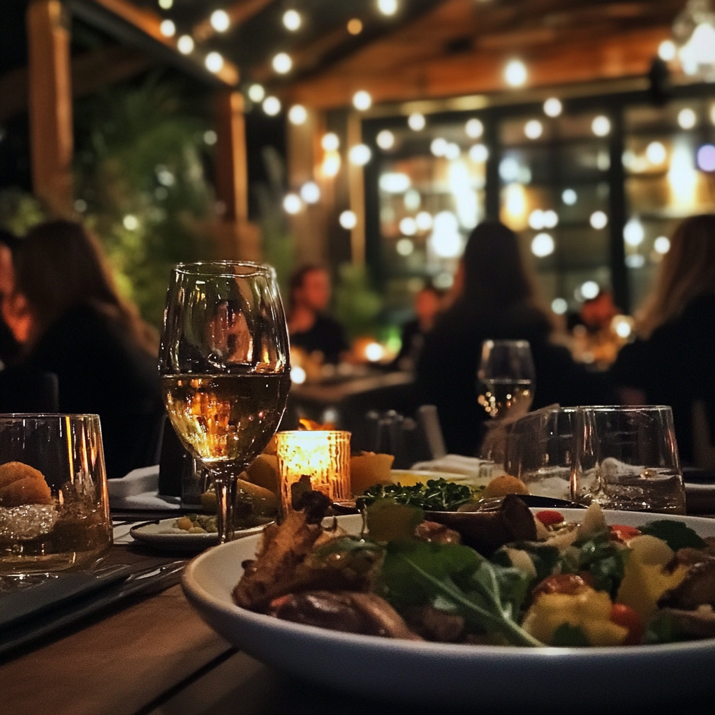 Une table avec de la nourriture et des boissons dans un restaurant | Source : Midjourney