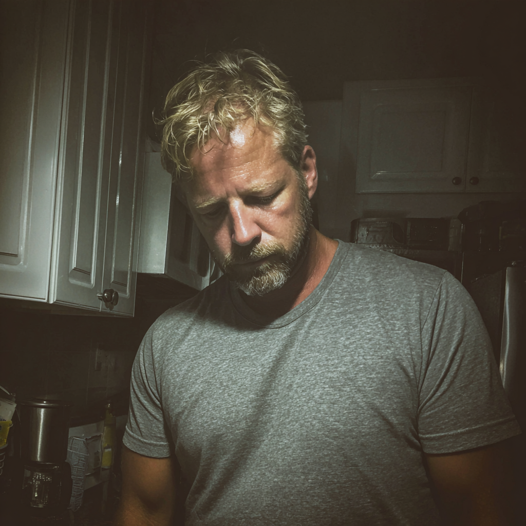 Un homme émotif debout dans une cuisine | Source : Midjourney