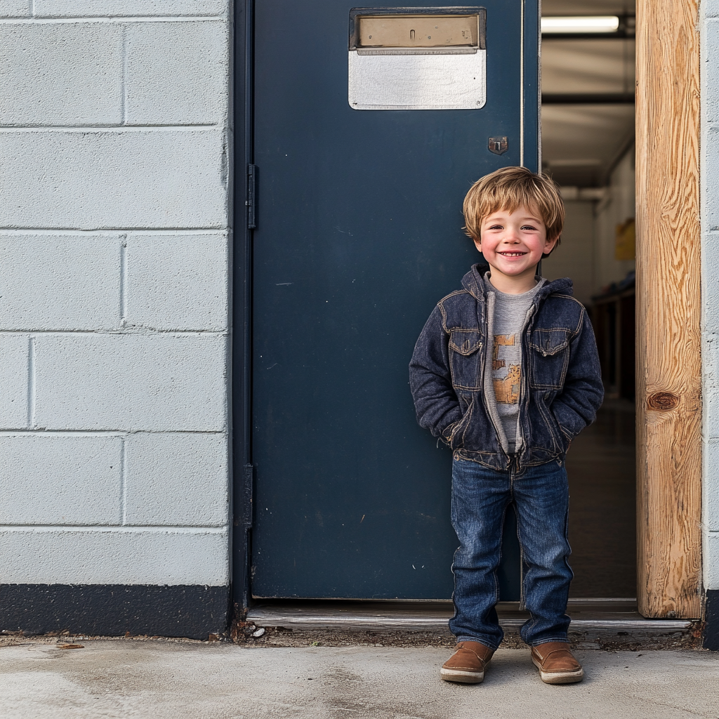 Un garçon souriant se tenant à côté d'une porte de sous-sol | Source : Midjourney