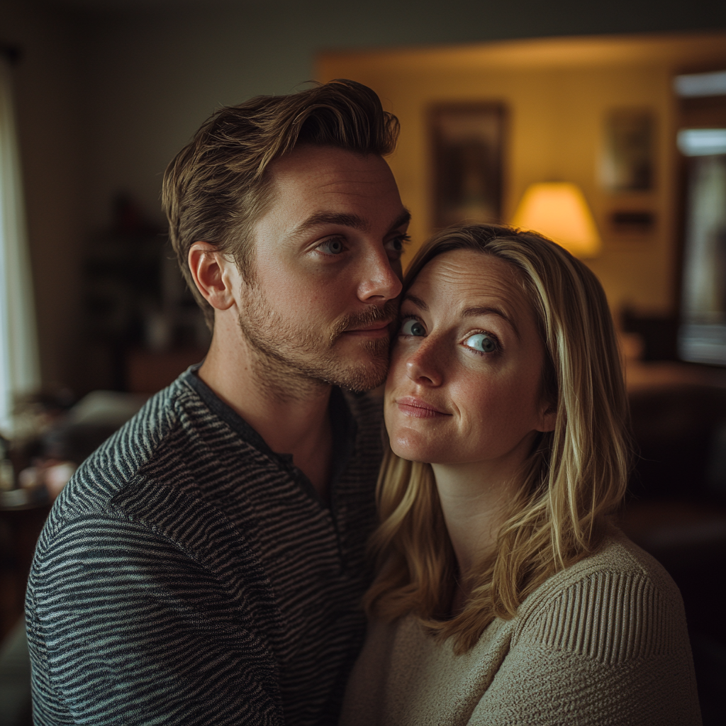 Un homme réconforte sa femme tout en regardant quelque chose | Source : Midjourney