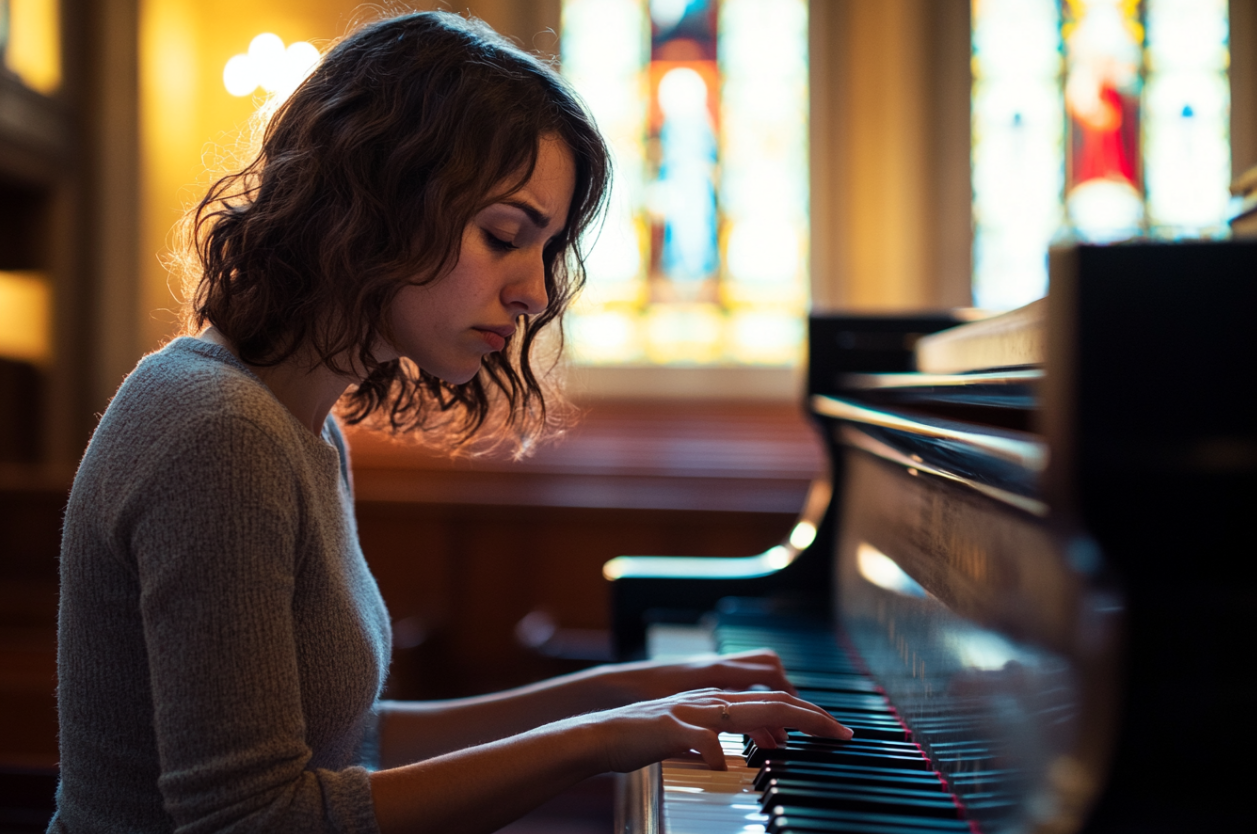 Une femme qui fronce les sourcils en jouant du piano | Source : Midjourney