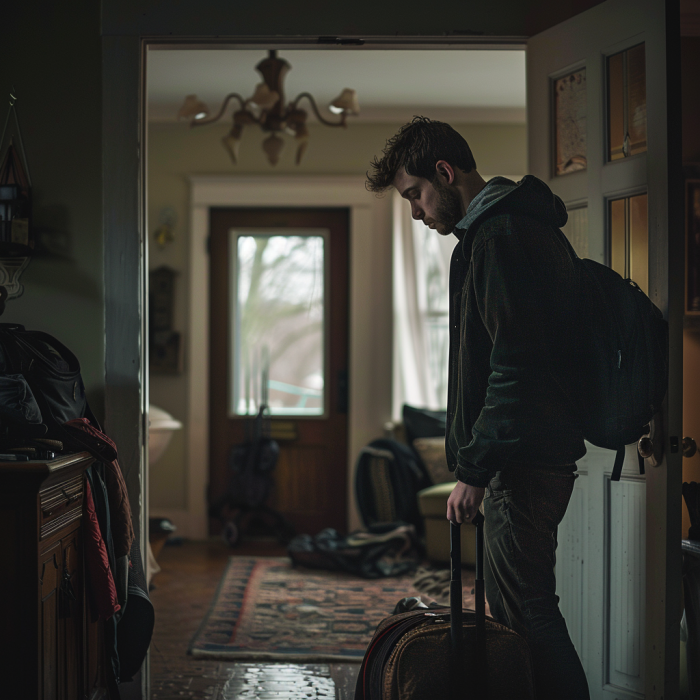 Un homme triste avec un sac à dos et une valise sur le point de quitter la maison | Source : Midjourney