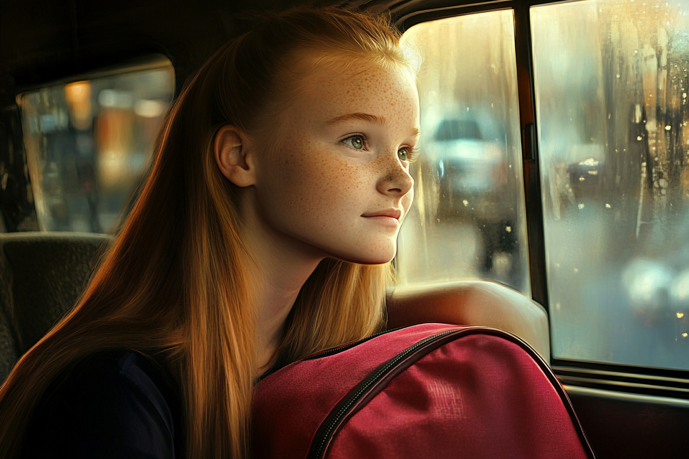 Une adolescente regardant par la fenêtre d'un taxi | Source : Midjourney