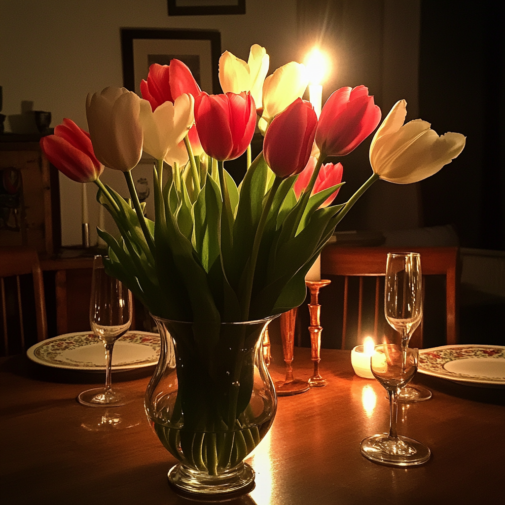 Un vase de tulipes sur une table à manger | Source : Midjourney