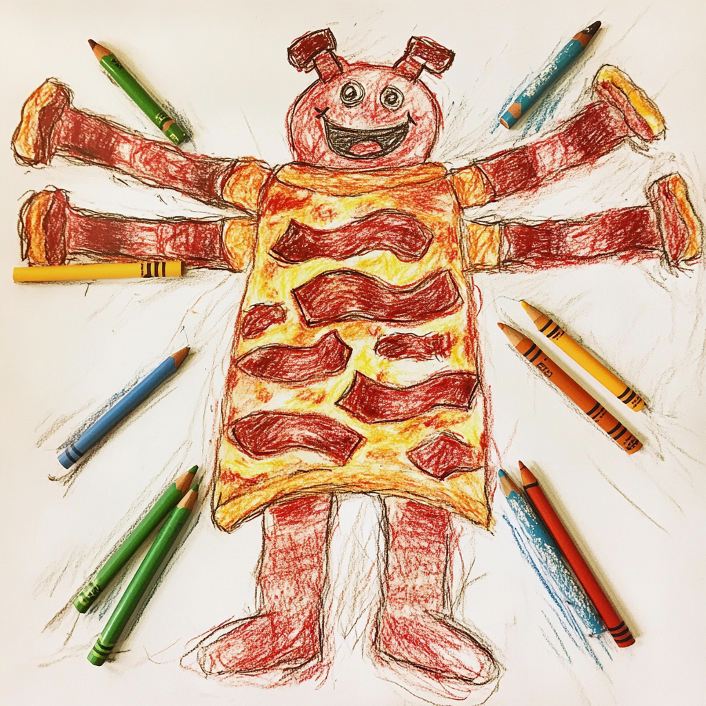 Dessin d'un enfant représentant une pizza avec des bras en bacon | Source : Midjourney
