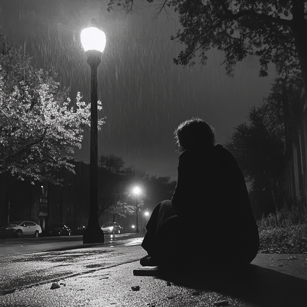 Une femme assise sur un trottoir sous la pluie | Source : Midjourney