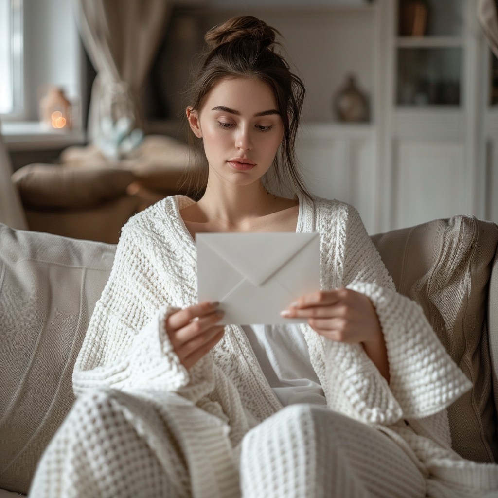 Une femme tenant une enveloppe dans ses mains | Source : Midjourney