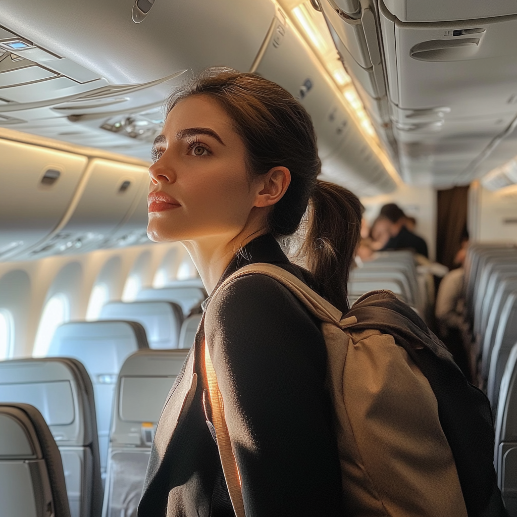 Femme transportant ses bagages depuis le compartiment supérieur d'un avion. | Source : Midjourney