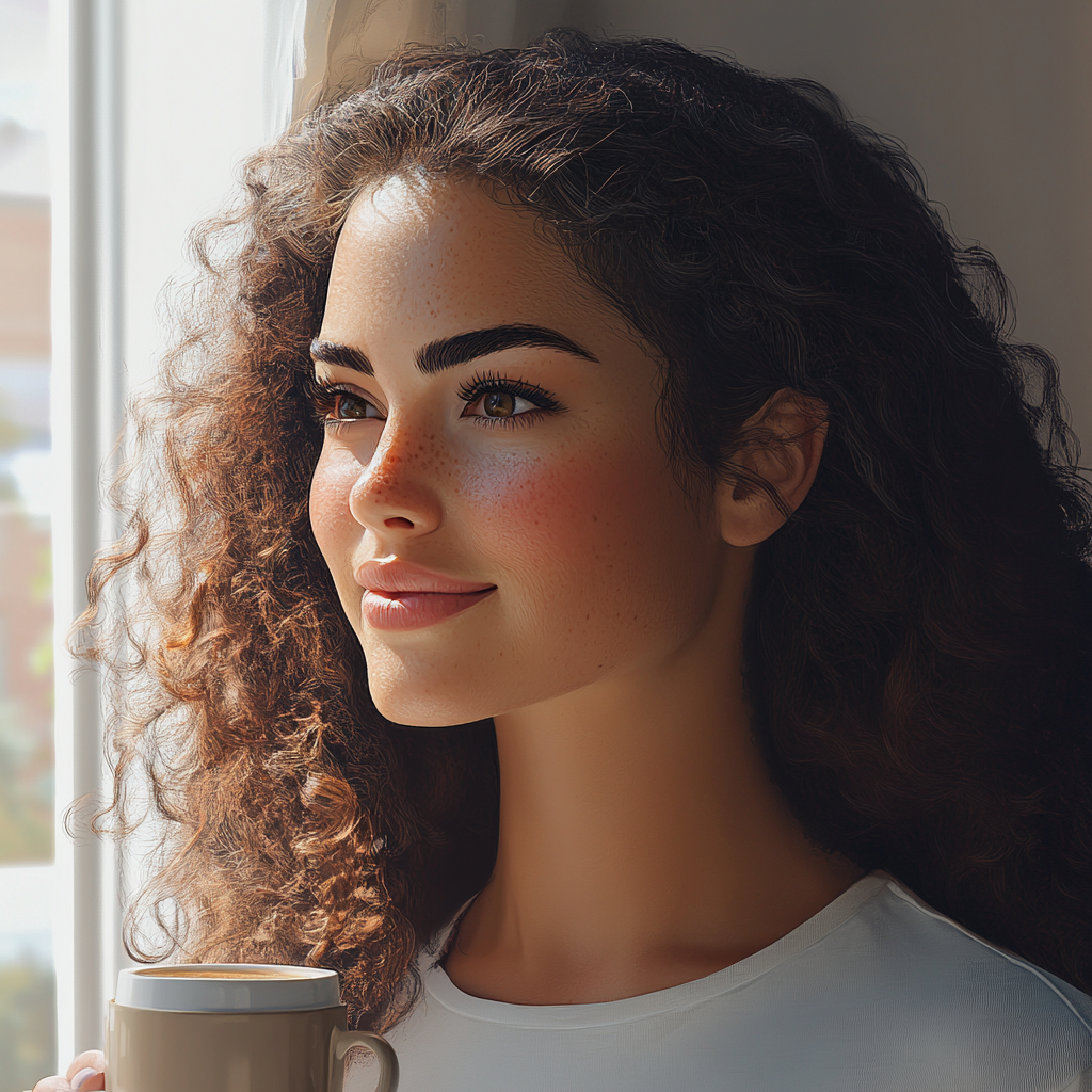 Une femme souriante tenant une tasse de café | Source : Midjourney