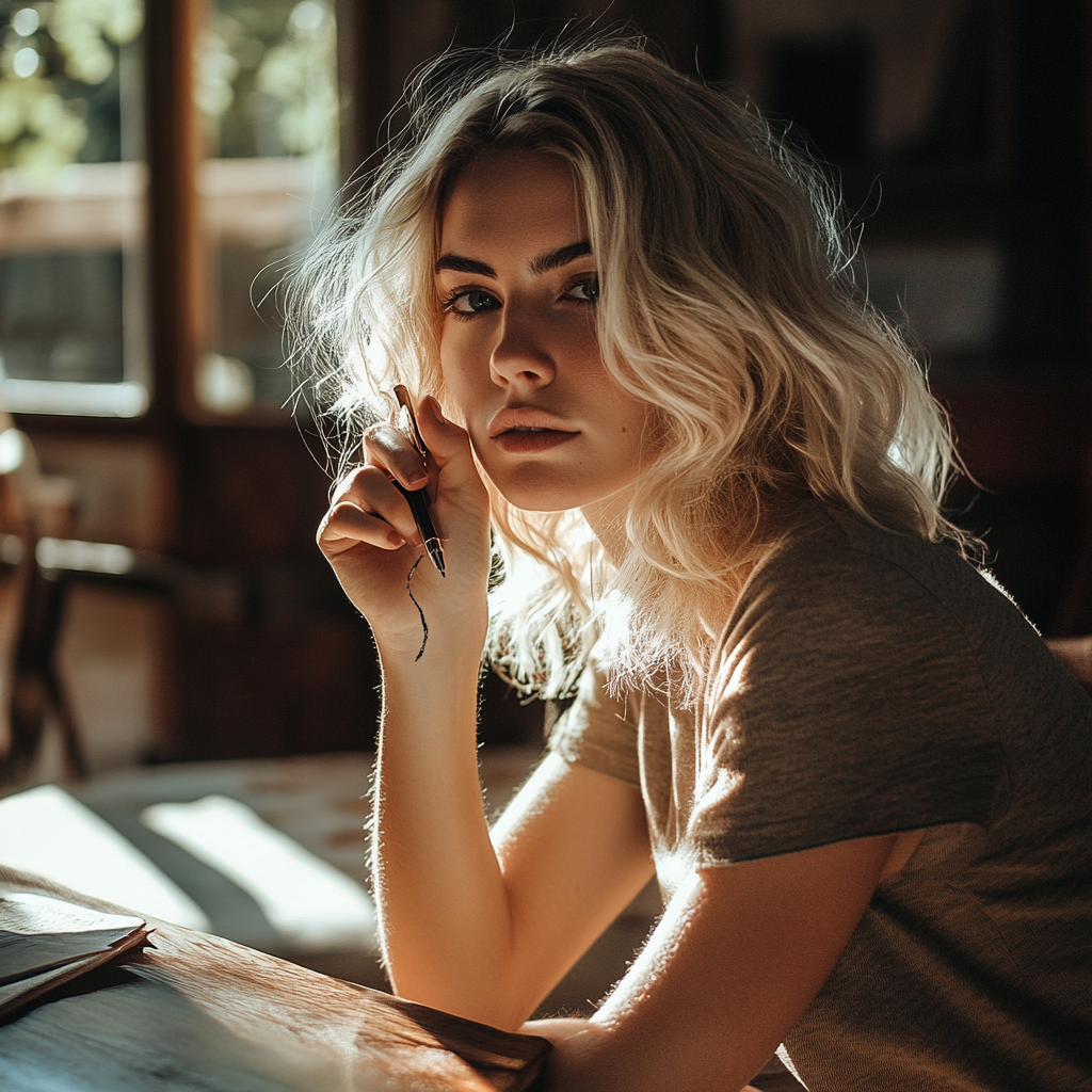 Une femme faisant une marque avec un stylo | Source : Midjourney