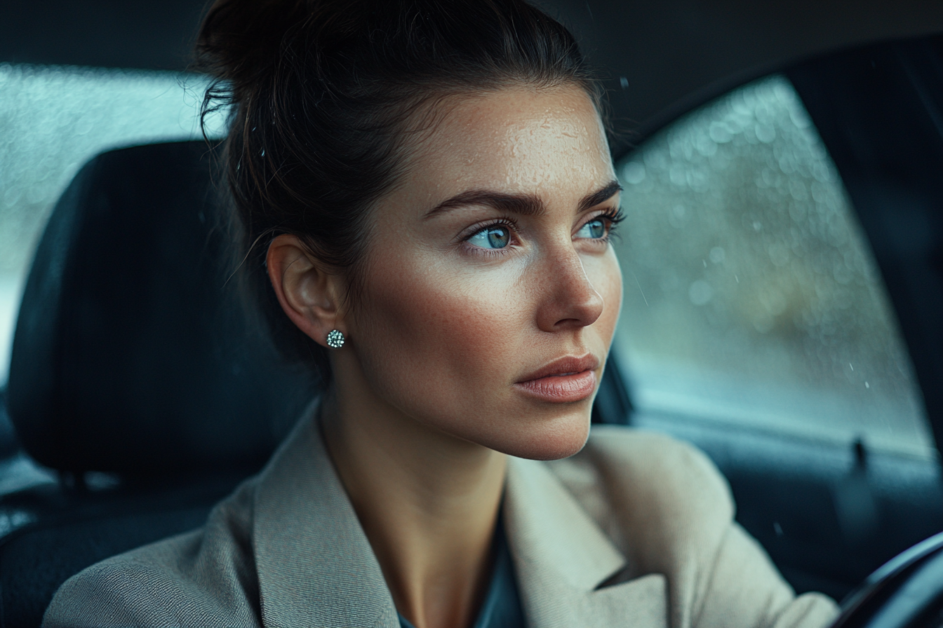 Une femme d'une trentaine d'années conduisant sur une route pluvieuse | Source : Midjourney