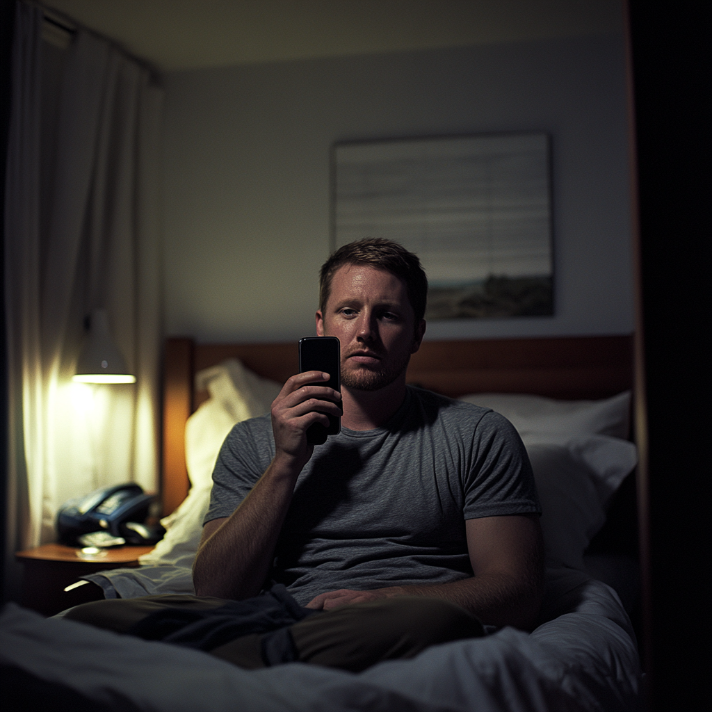 Un homme fatigué qui parle au téléphone dans sa chambre | Source : Midjourney