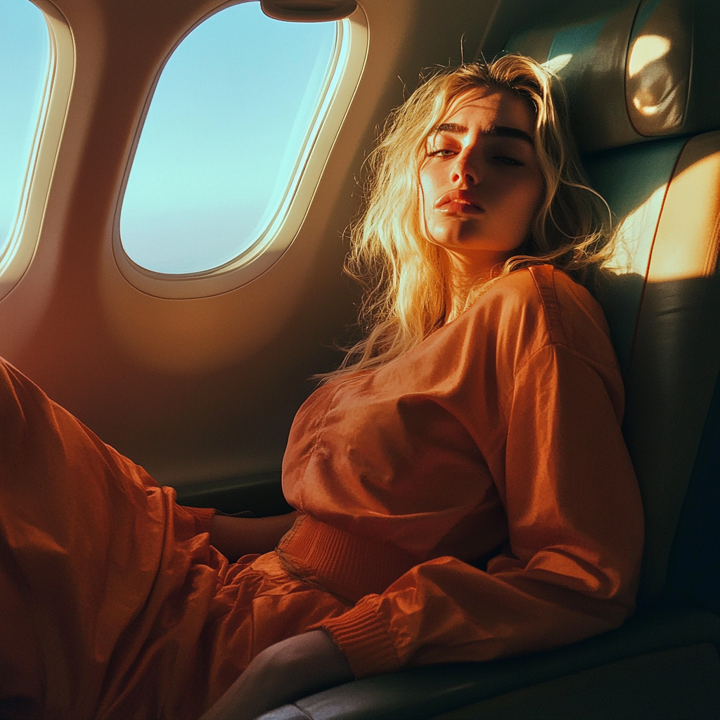 Femme fatiguée dans un avion | Source : Midjourney