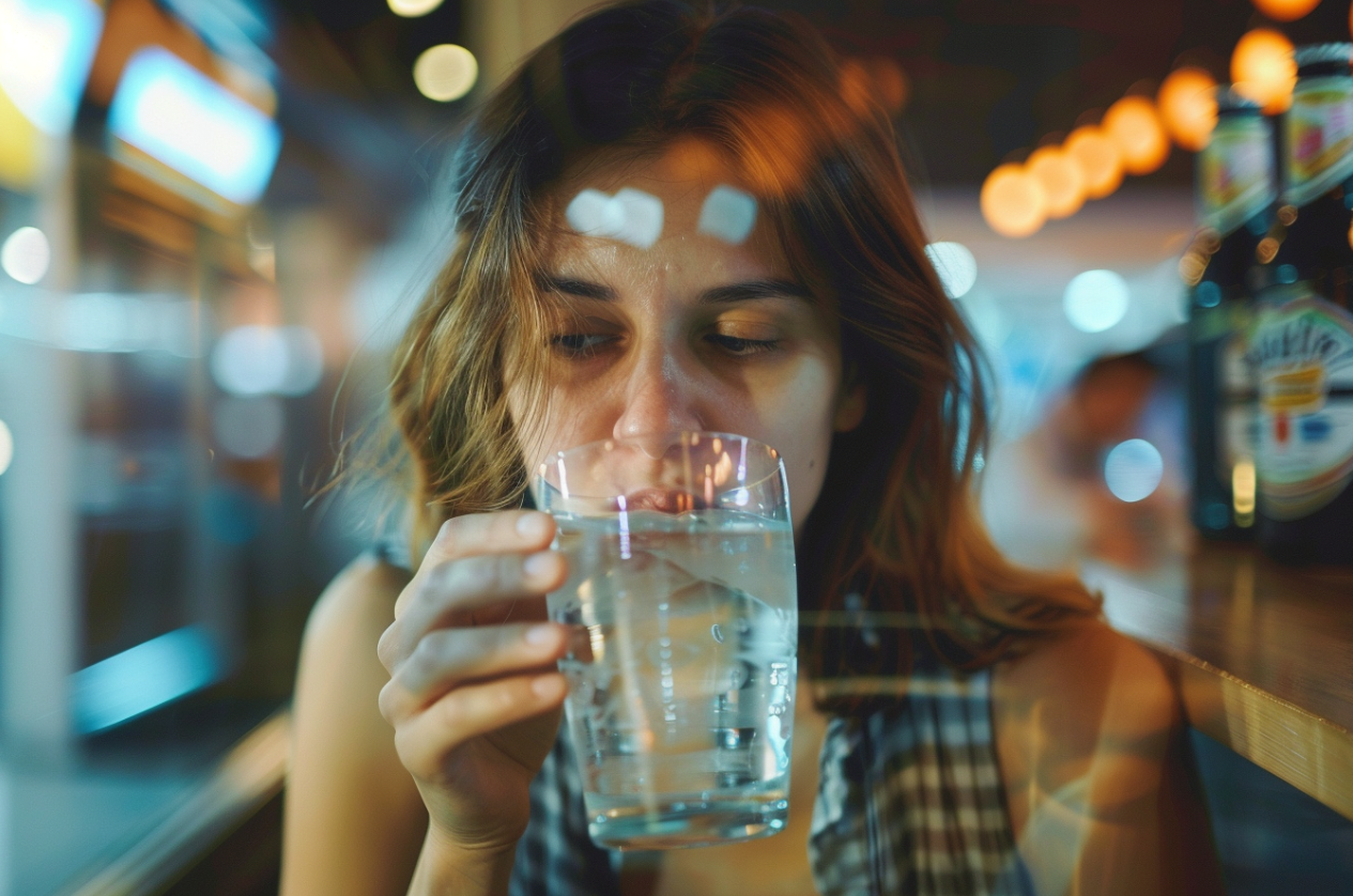 A woman swallowing a glass of water | Source: Midjourney