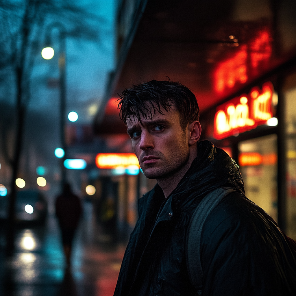 Un jeune homme se tenant à l'extérieur sous la pluie | Source : Midjourney