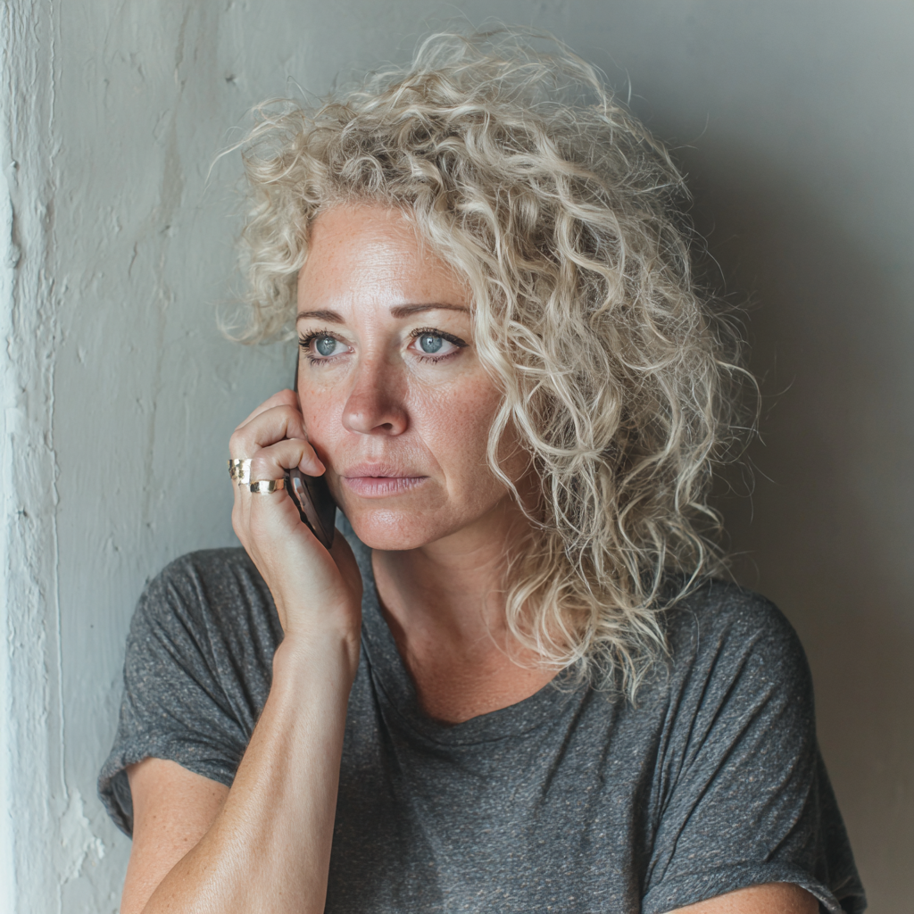 Une femme pensive portant un t-shirt gris | Source : Midjourney