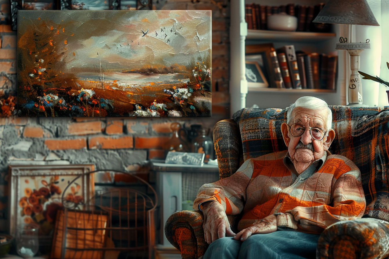 A pensive old man in a colorful living room | Source: Midjourney