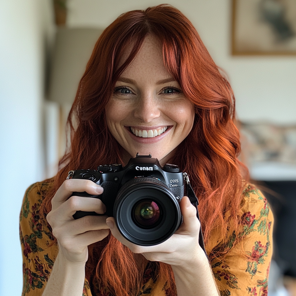 Une femme souriante tenant un appareil photo | Source : Midjourney