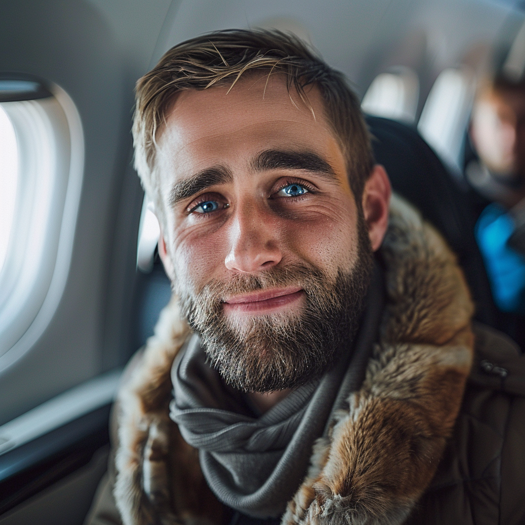 Un homme souriant assis près de la fenêtre dans un avion | Source : Midjourney