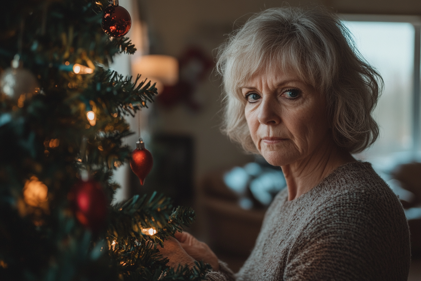 Une femme d'âge mûr qui décore un sapin de Noël seule | Source : Midjourney