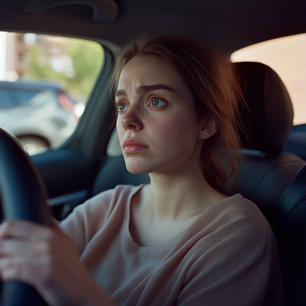 A woman sitting in a car with her hands clasped around the steering wheel | Source: Midjourney