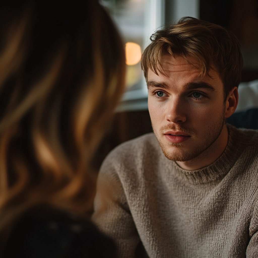 Un homme parle à une femme alors qu'il est assis dans un salon | Source : Midjourney