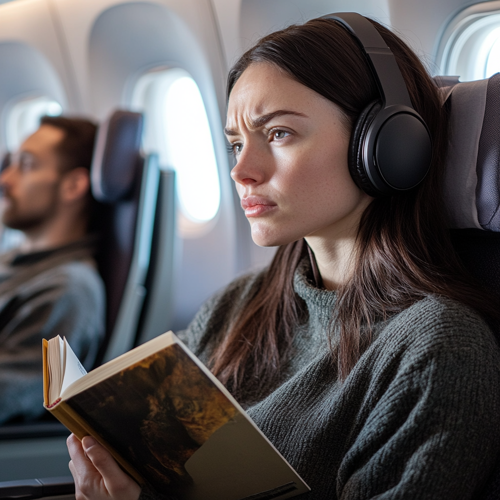 La femme s'arrête de lire, agacée par un coup de pied persistant sur son siège. | Source : Midjourney