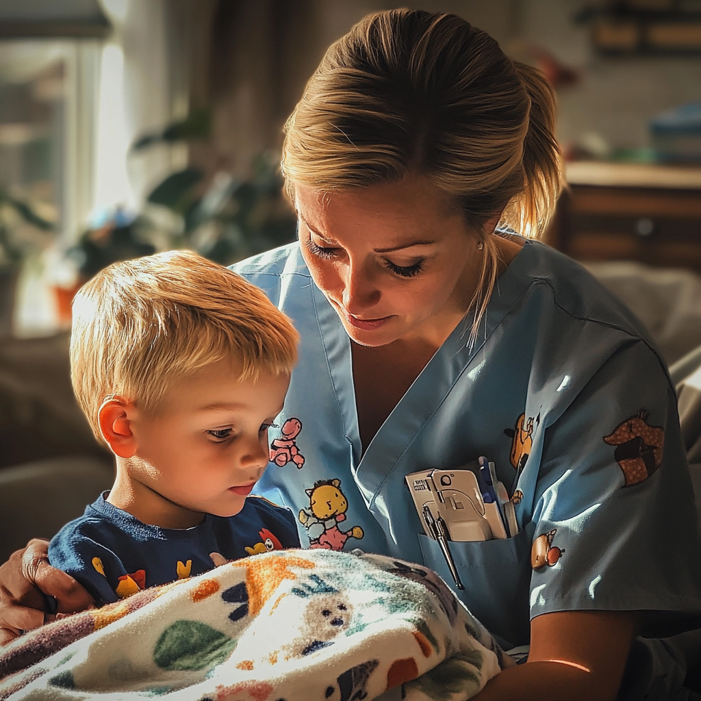 Une femme enveloppant son fils dans une couverture | Source : Midjourney