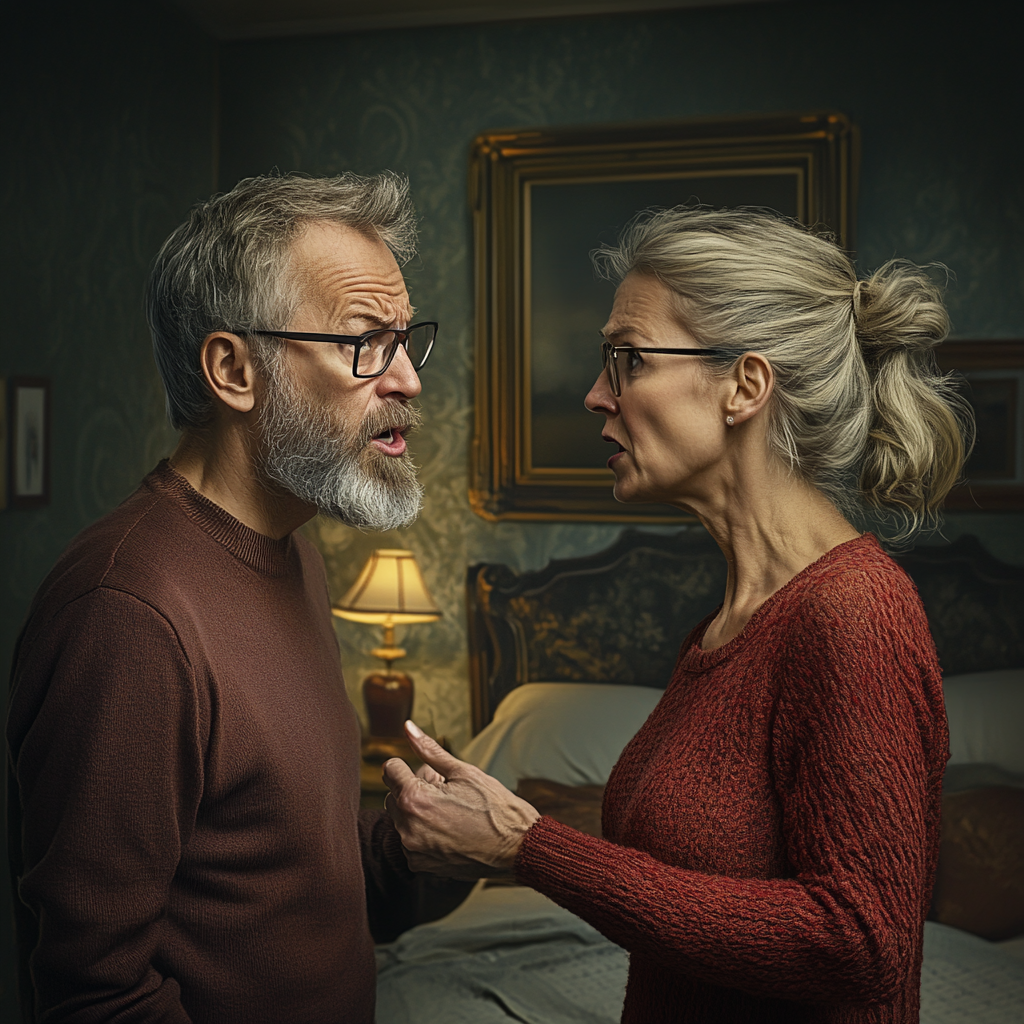 Une femme se disputant avec son mari dans leur chambre à coucher | Source : Midjourney