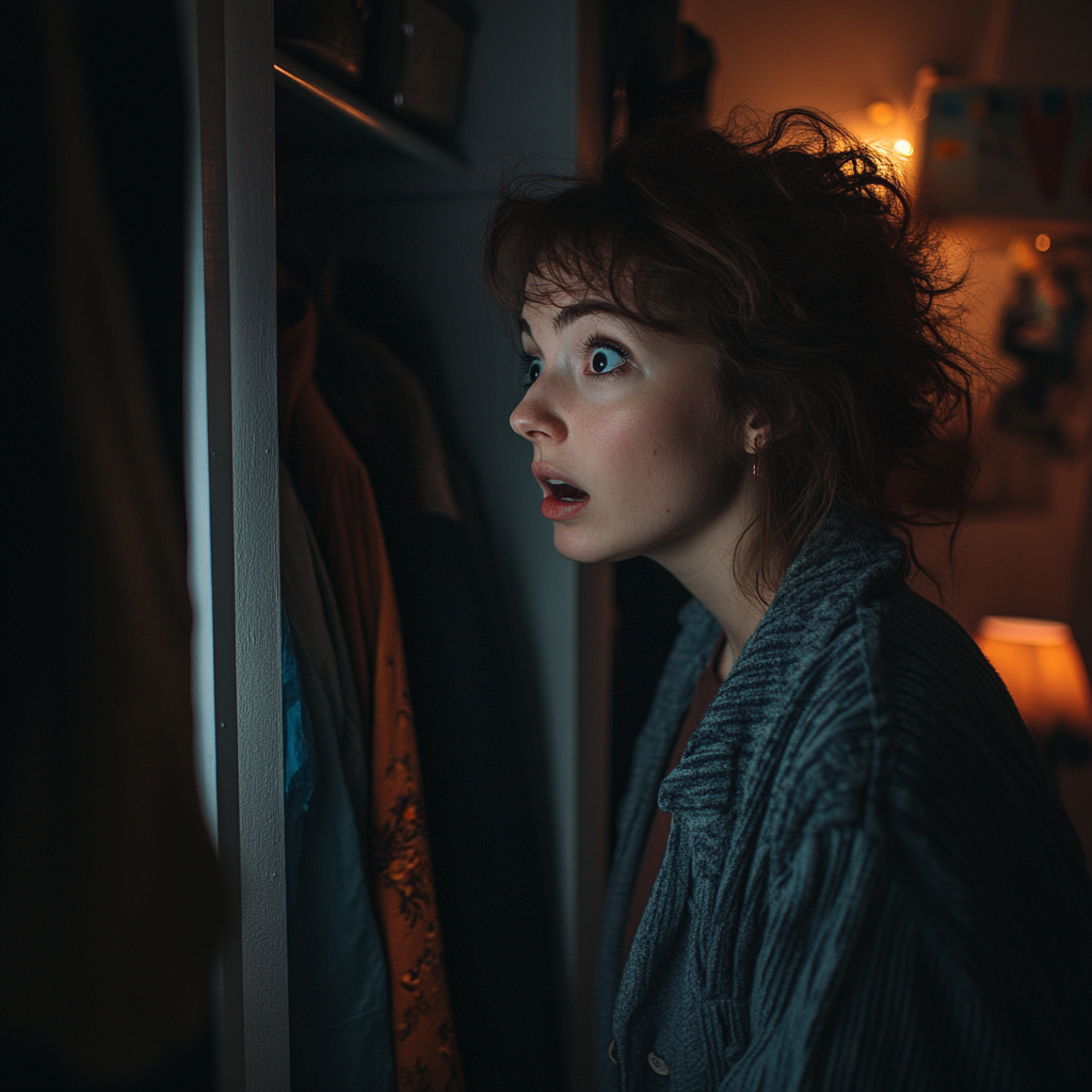 A scared woman looking around her closet | Source: Midjourney