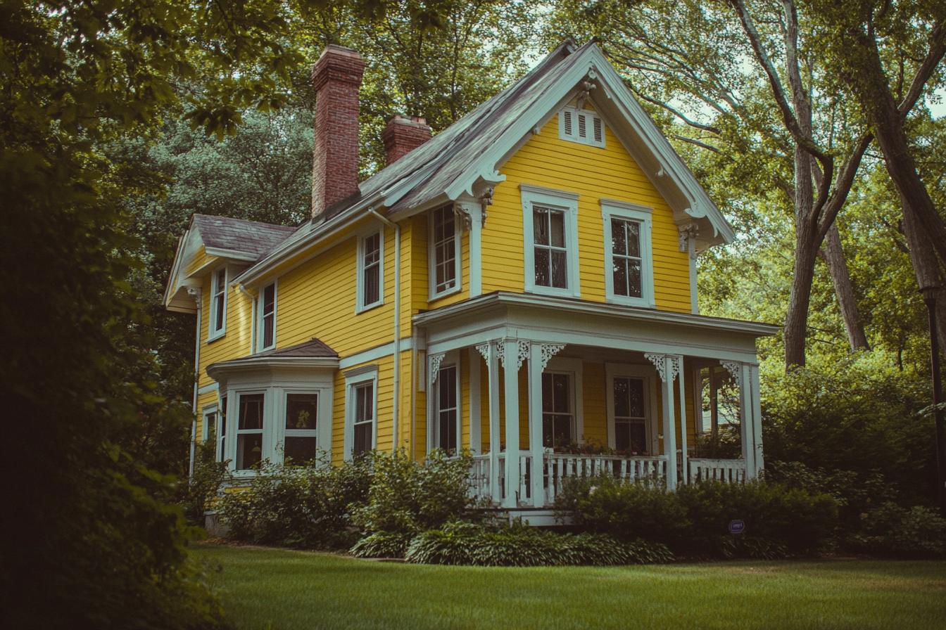 Une maison jaune entourée d'arbres | Source : Midjourney