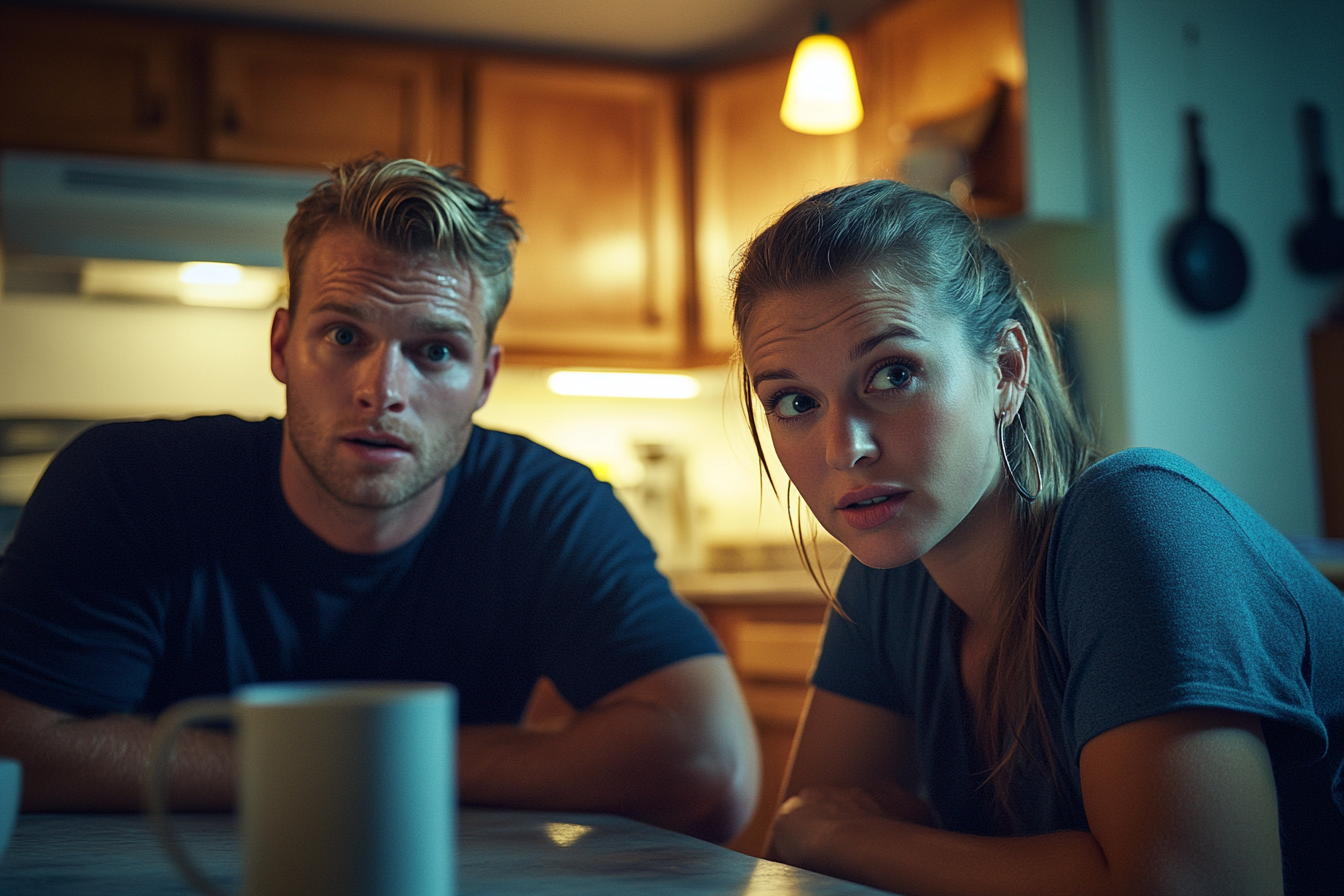 Un homme et une femme d'une trentaine d'années à l'air surpris et triste assis à la table de la cuisine | Source : Midjourney