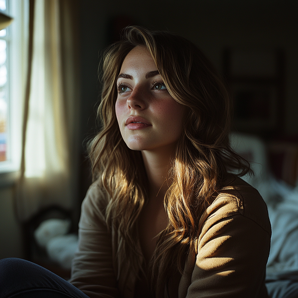 Une femme pensive assise seule dans sa chambre | Source : Midjourney