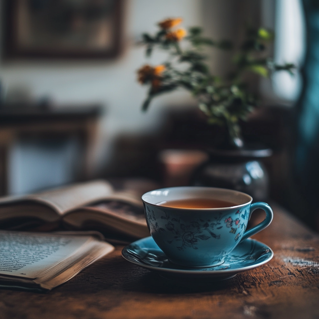 Une tasse de thé posée sur une table | Source : Midjourney