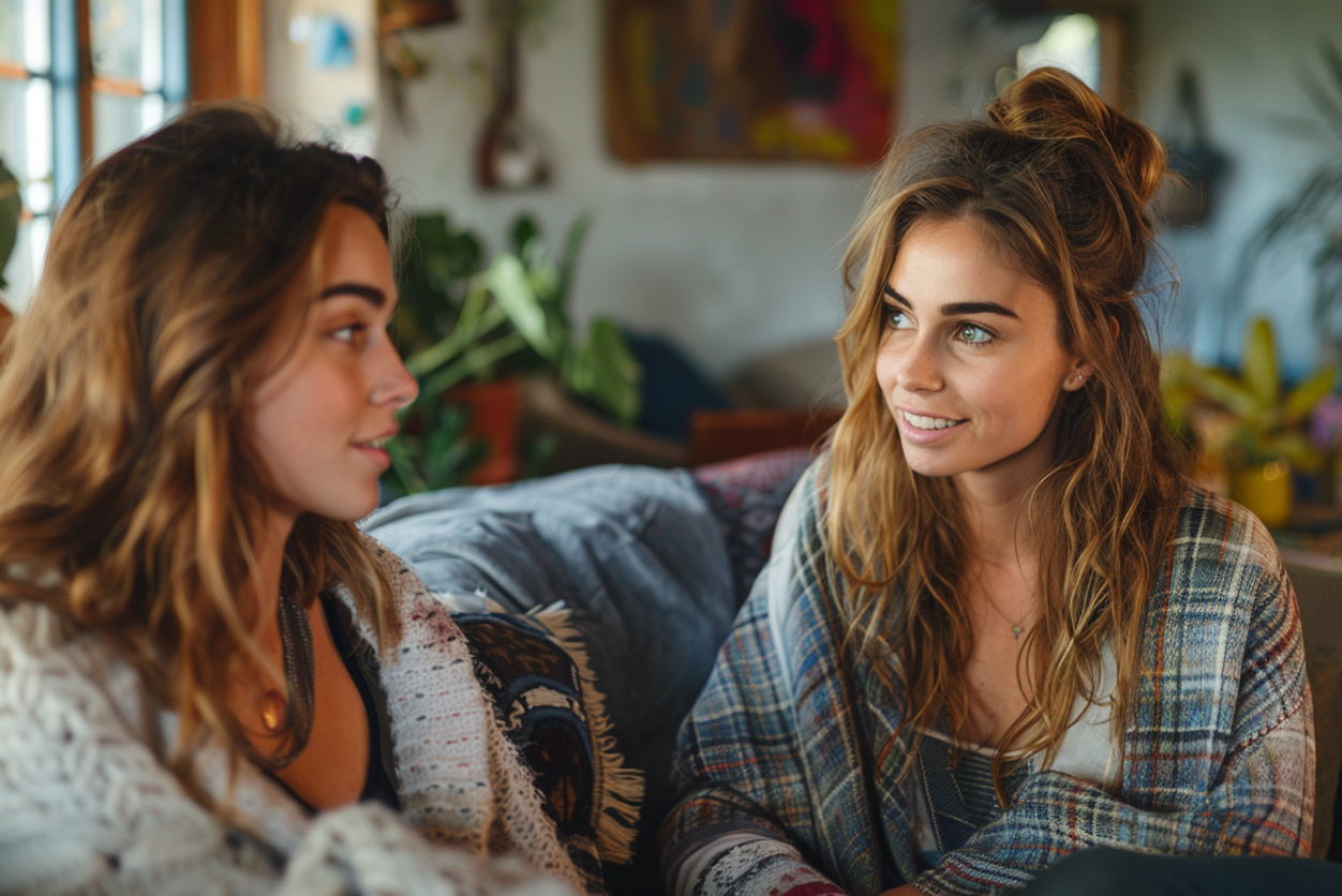 Deux jeunes femmes échangeant un regard conspirateur | Source : MidJourney