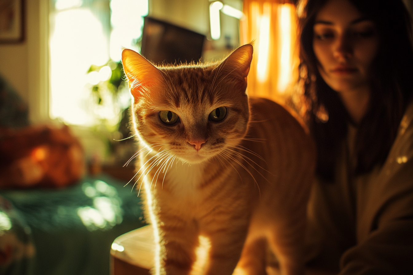 Chat roux avec une femme en arrière-plan | Source : Midjourney