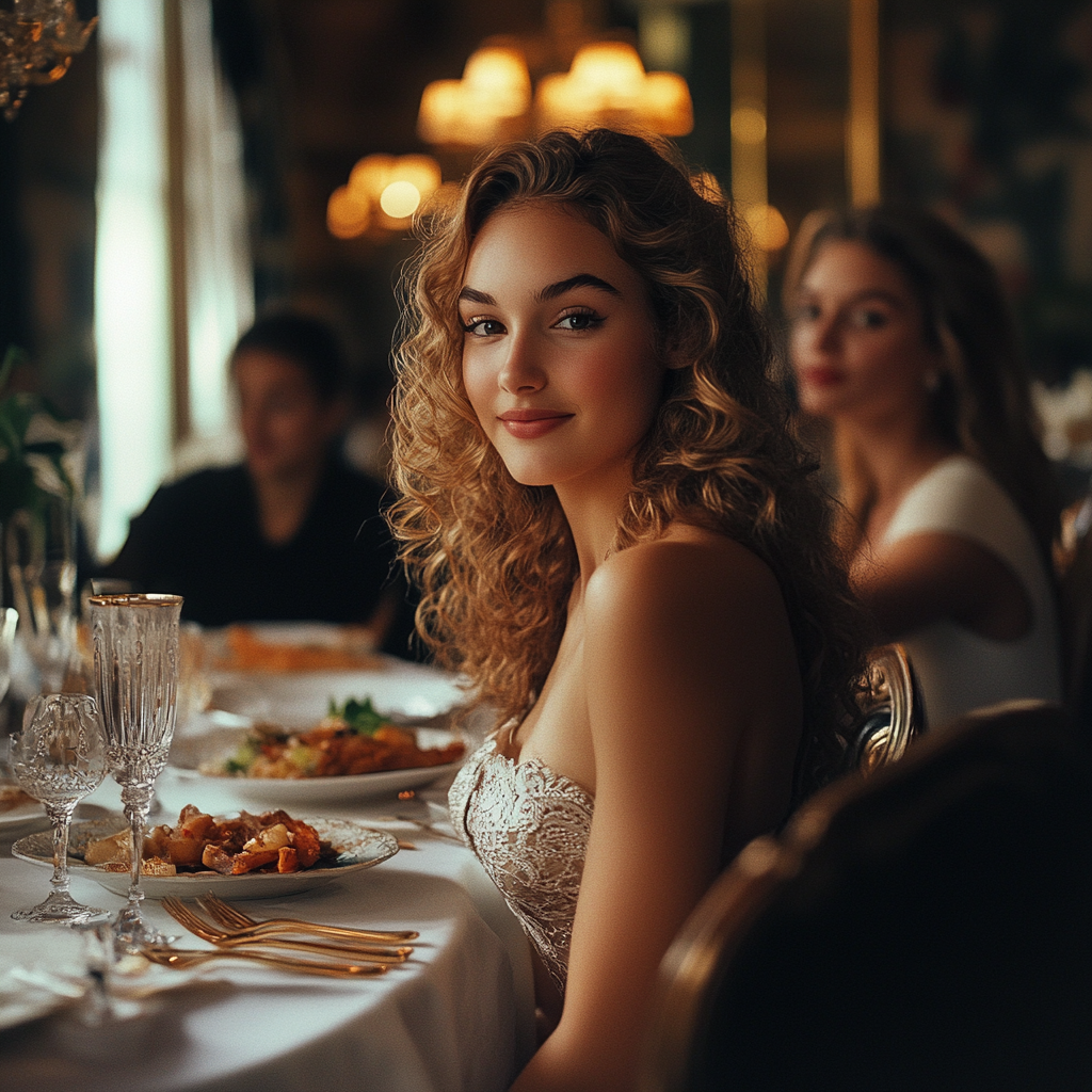 Wooman souriant tout en profitant d'un dîner avec les membres de sa famille | Source : Midjourney