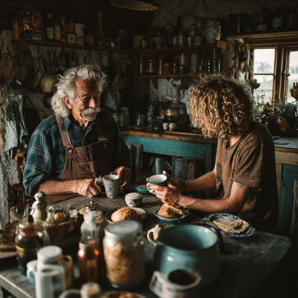 Deux hommes qui boivent du thé | Source : Midjourney