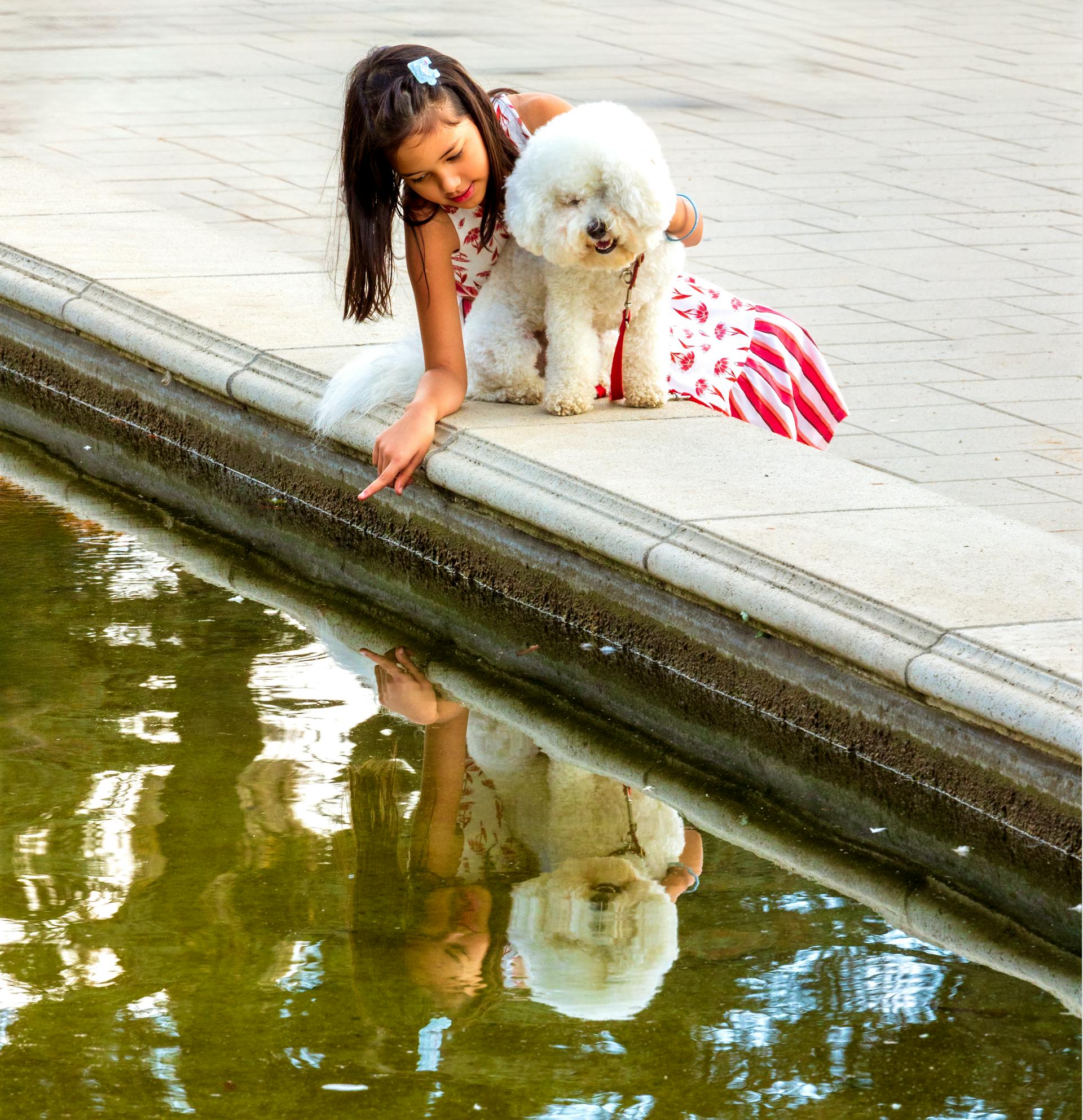 Une petite fille assise près d'une fontaine avec son chien | Source : Pexels