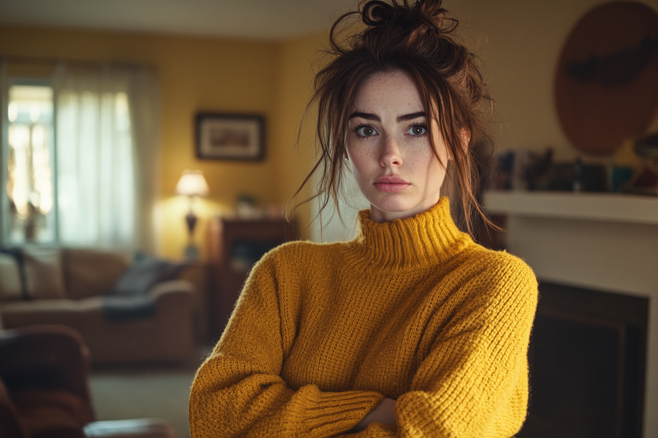 Une femme les bras croisés dans un salon | Source : Midjourney