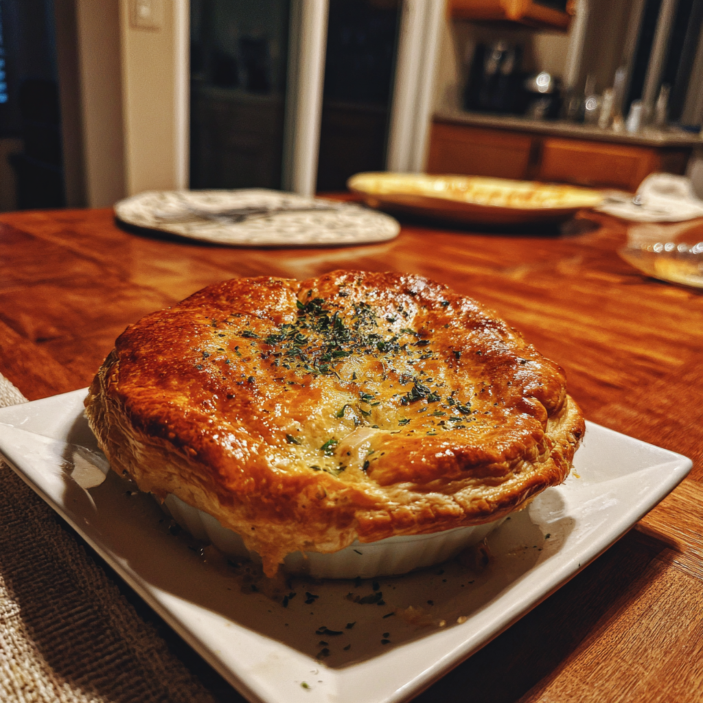 Une tourte au poulet sur une table à manger | Source : Midjourney