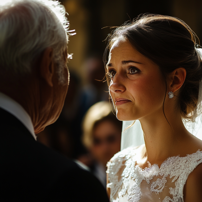 Une mariée à l'air inquiet s'adressant à un homme plus âgé | Source : Midjourney